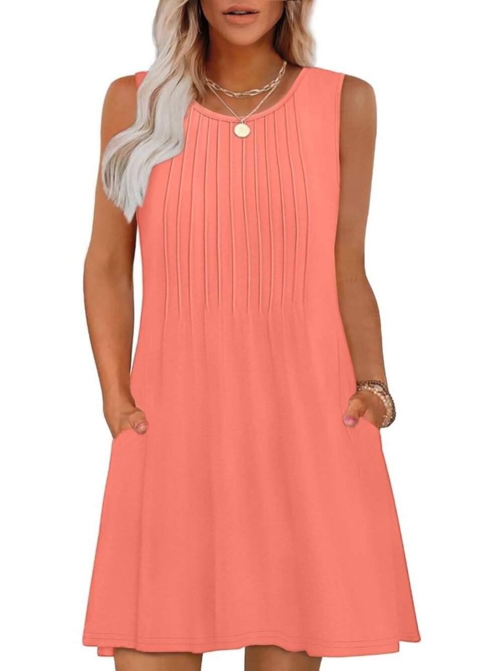 Women's Coral Stylish Beach Vacation Casual Crew Neck Sleeveless Sun Mini Dress
